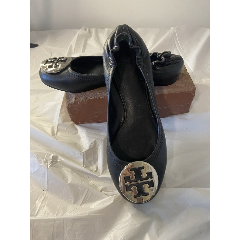 Women's Tory Burch Reva Upper Black Leather Minnie Travel Ballet Flats‎ Size-5
